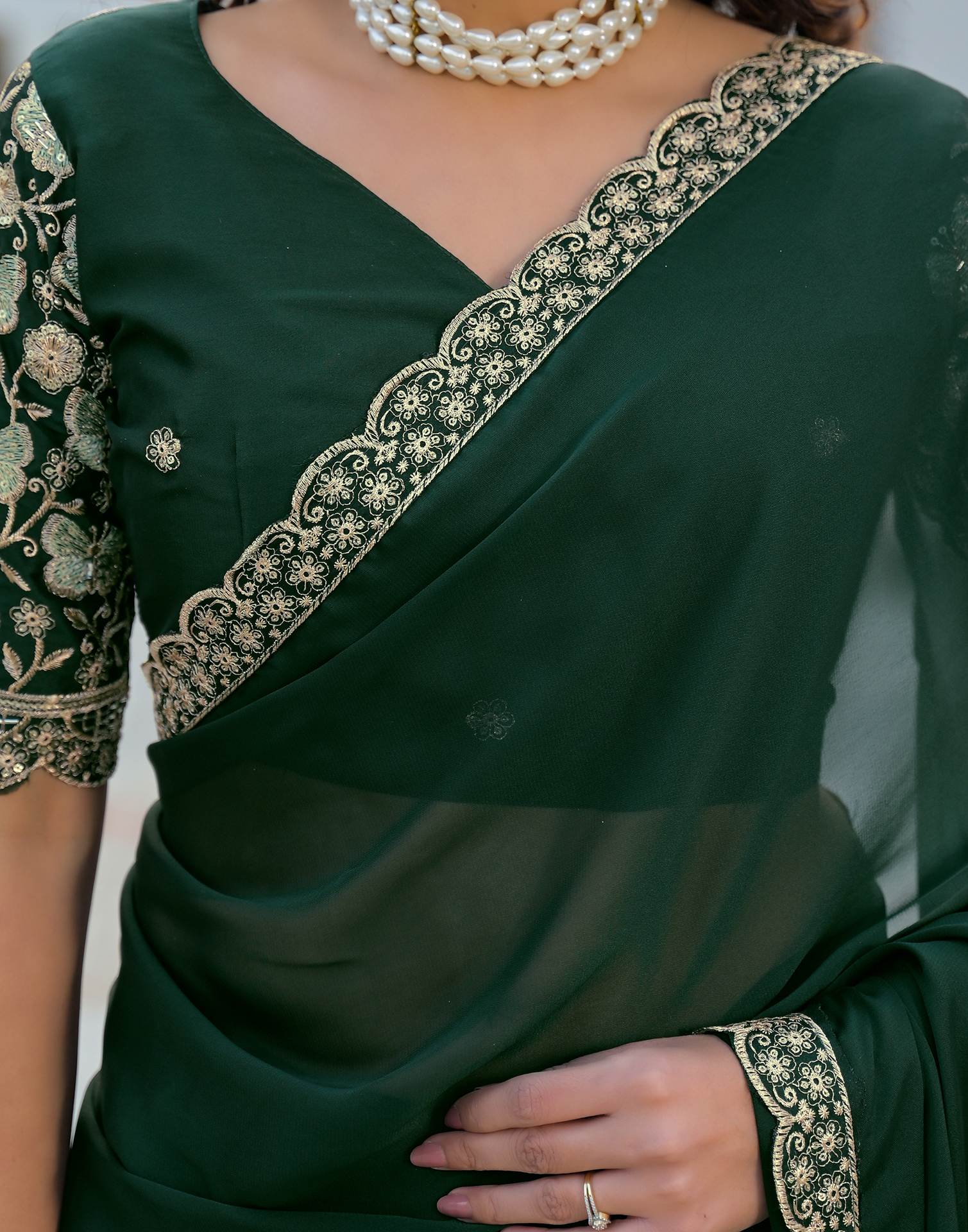 Bottle Green Silk Sequence Embroidery Lace Saree