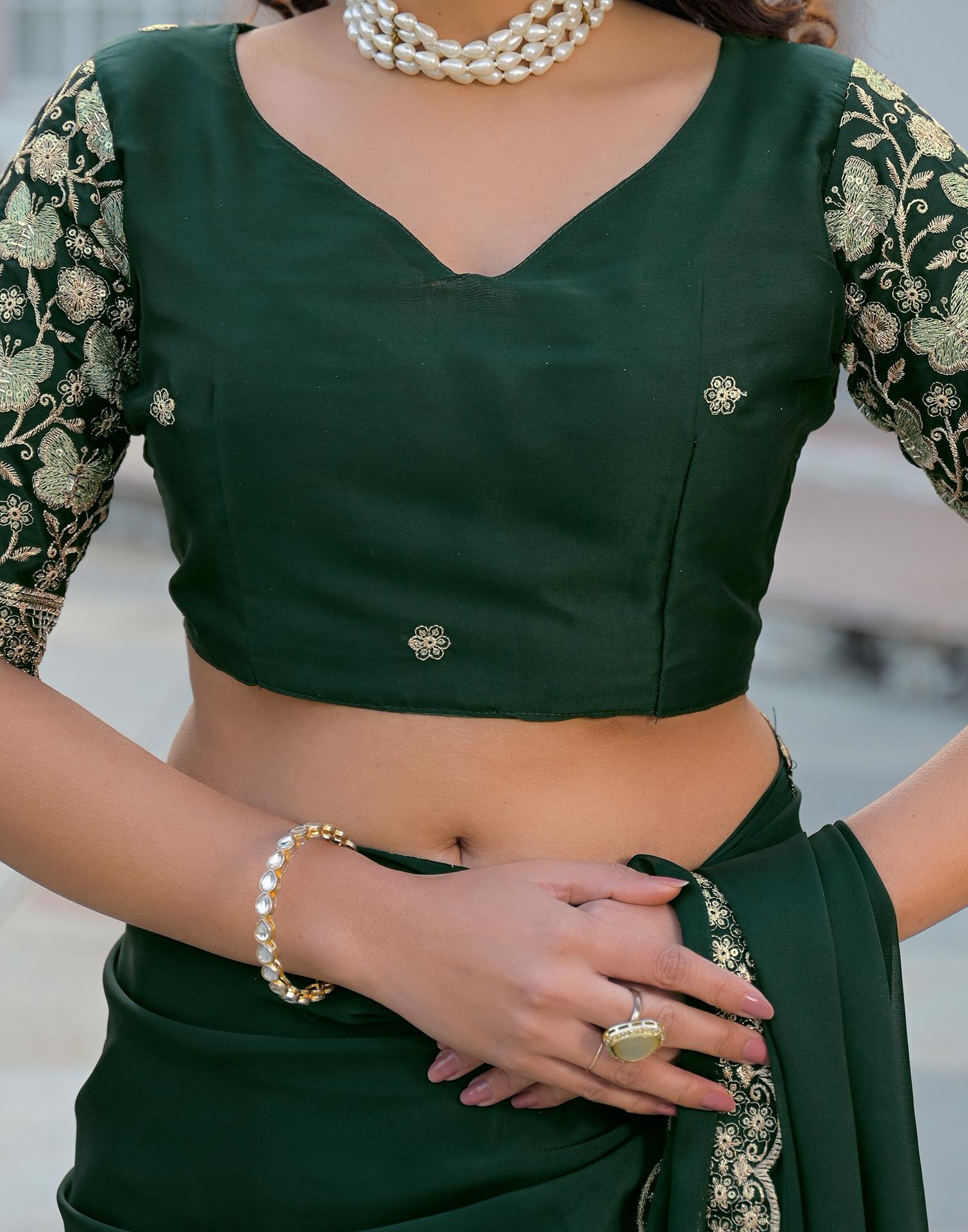 Bottle Green Silk Sequence Embroidery Lace Saree