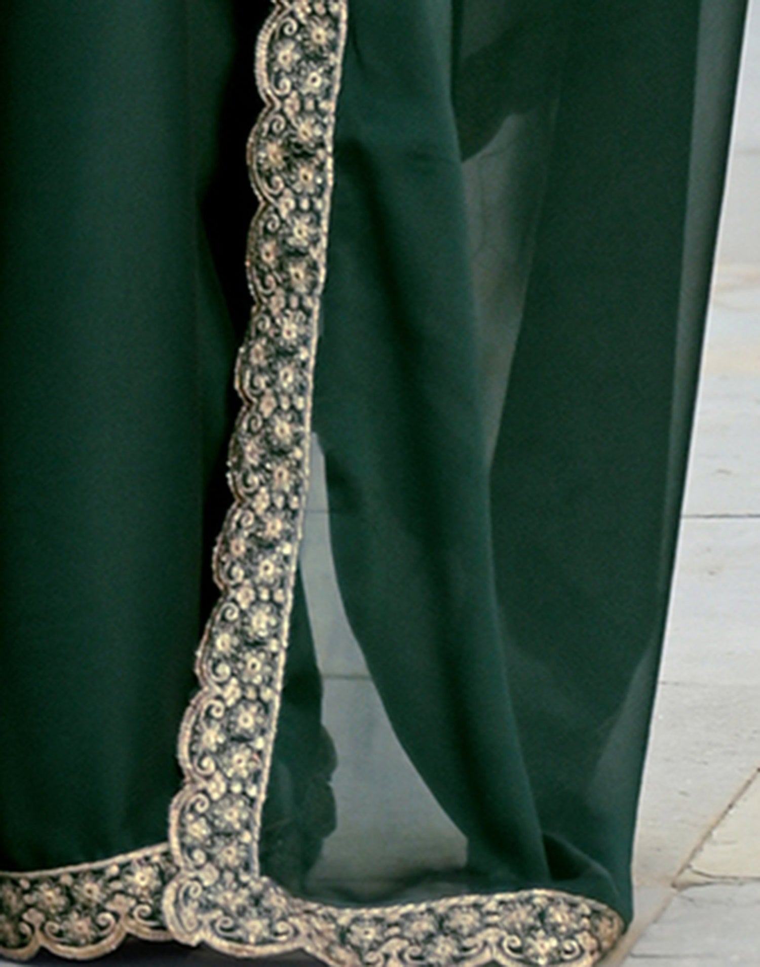 Bottle Green Silk Sequence Embroidery Lace Saree