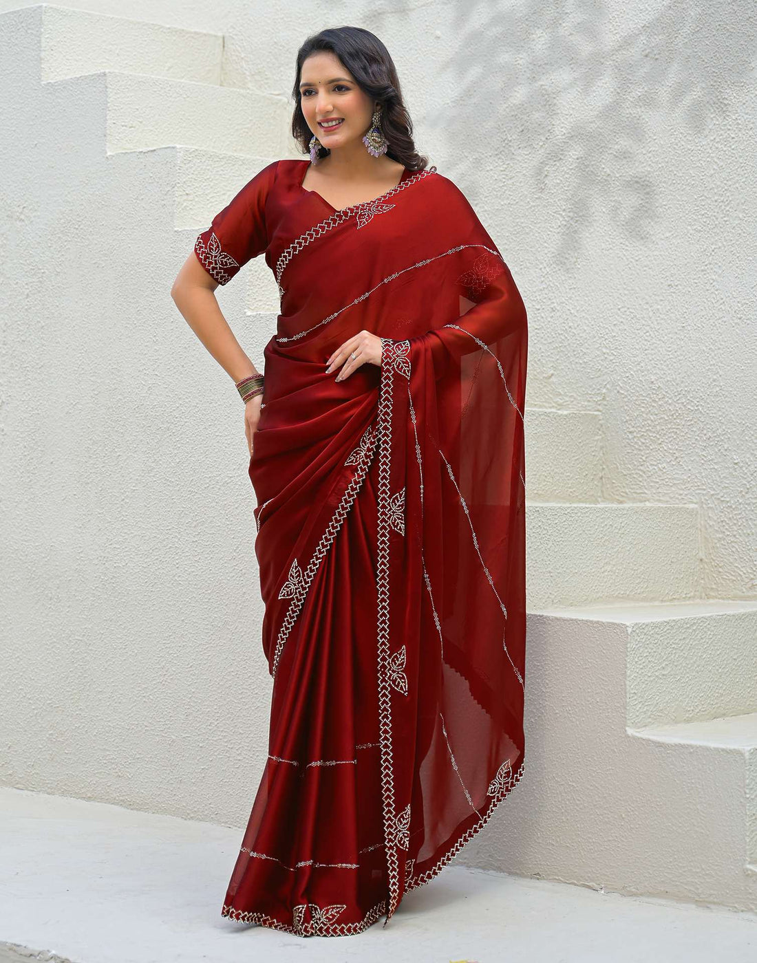 Maroon Silk Stone Work Swarovski Saree