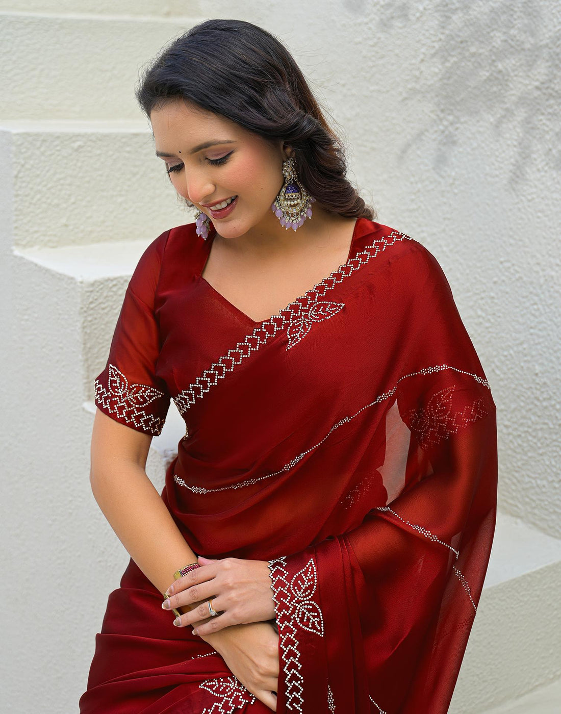Maroon Silk Stone Work Swarovski Saree