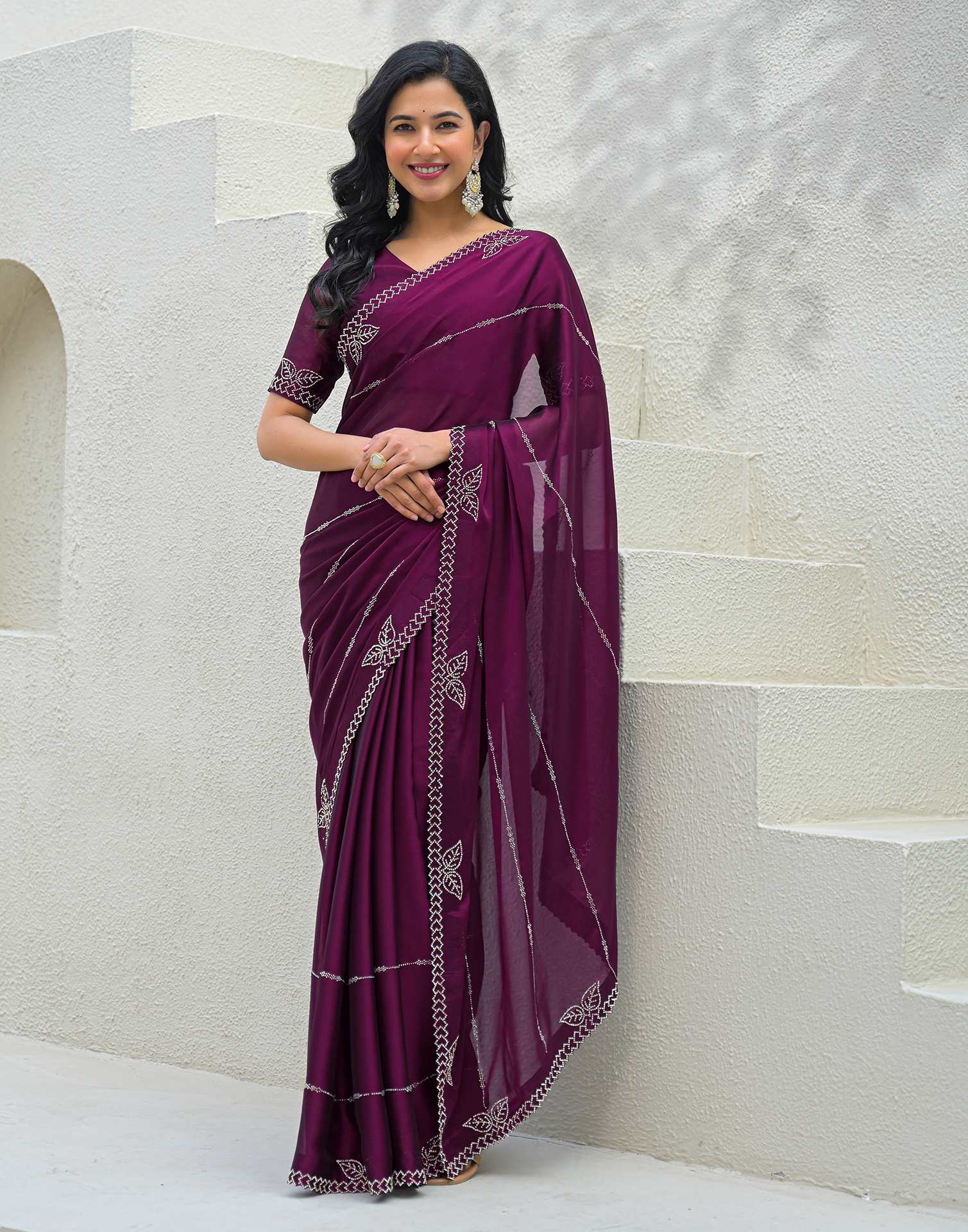 Dark Purple Silk Stone Work Swarovski Saree