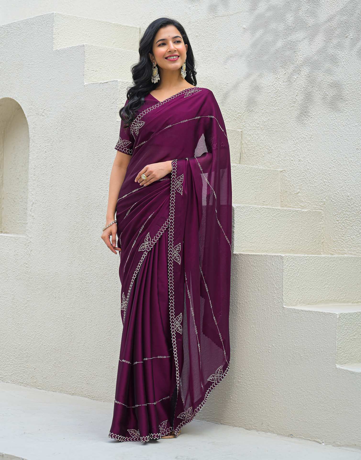 Dark Purple Silk Stone Work Swarovski Saree