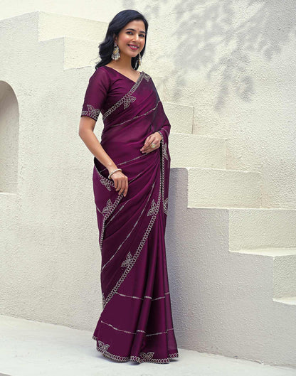 Dark Purple Silk Stone Work Swarovski Saree
