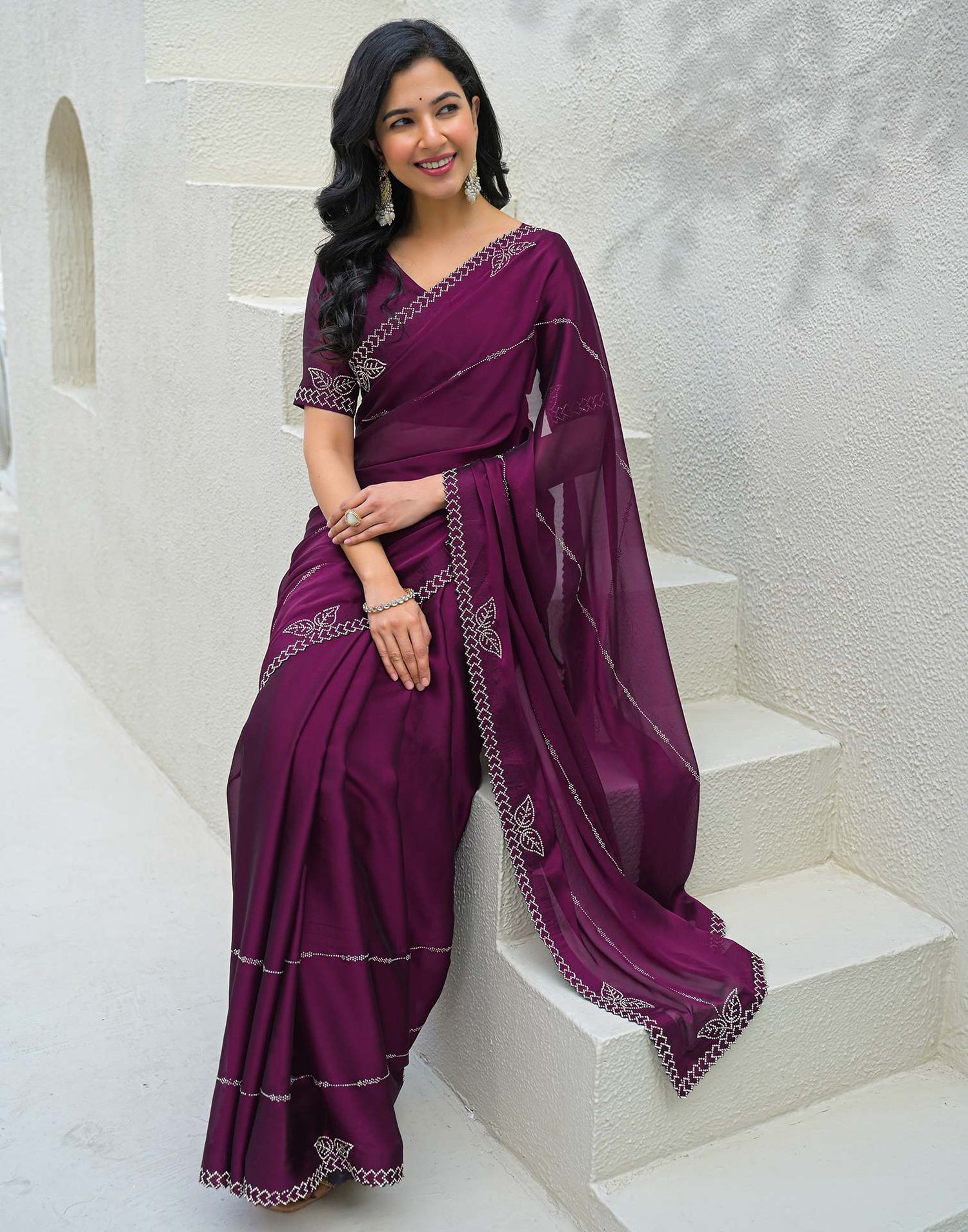 Dark Purple Silk Stone Work Swarovski Saree