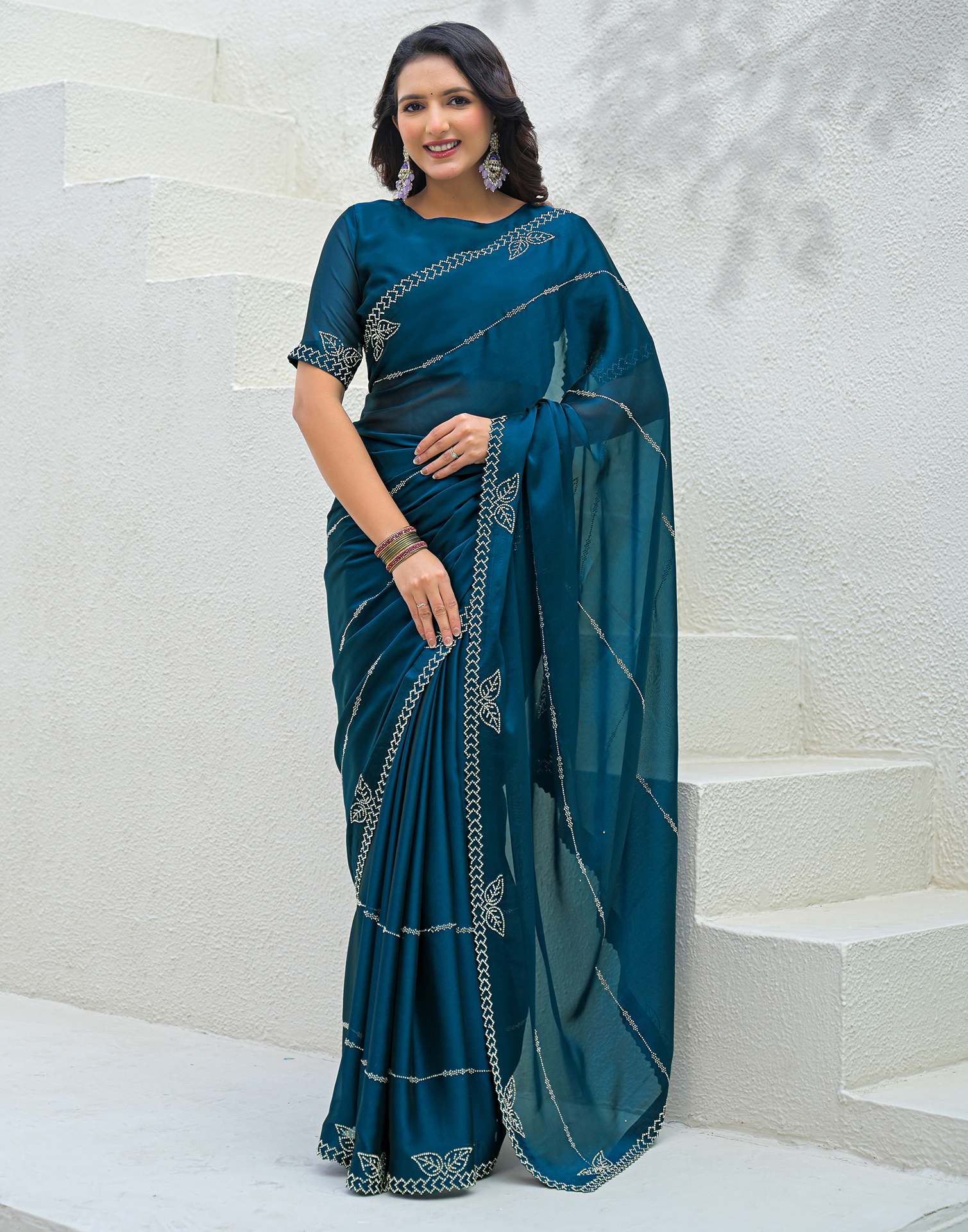 Peacock Blue Silk Stone Work Swarovski Saree