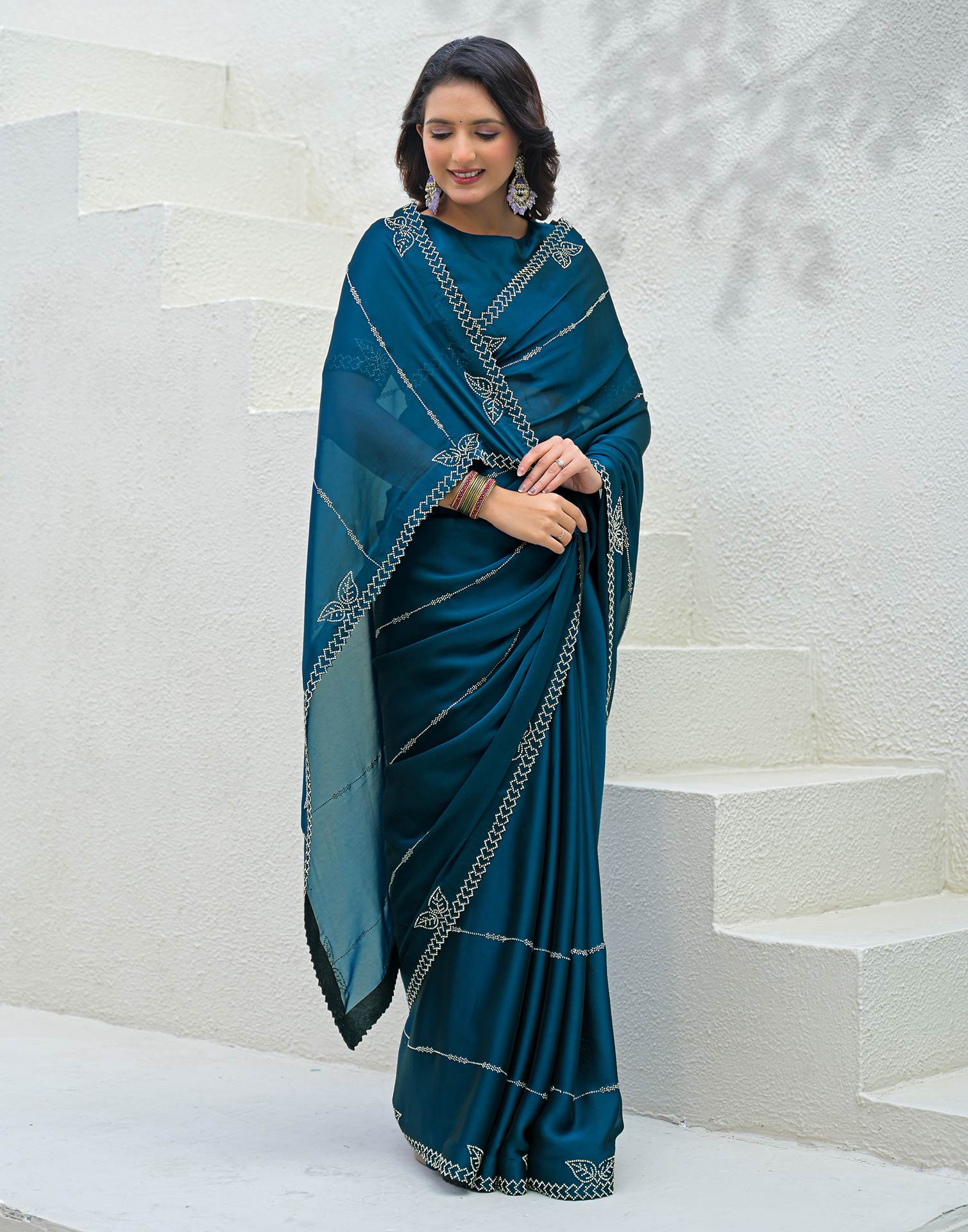 Peacock Blue Silk Stone Work Swarovski Saree