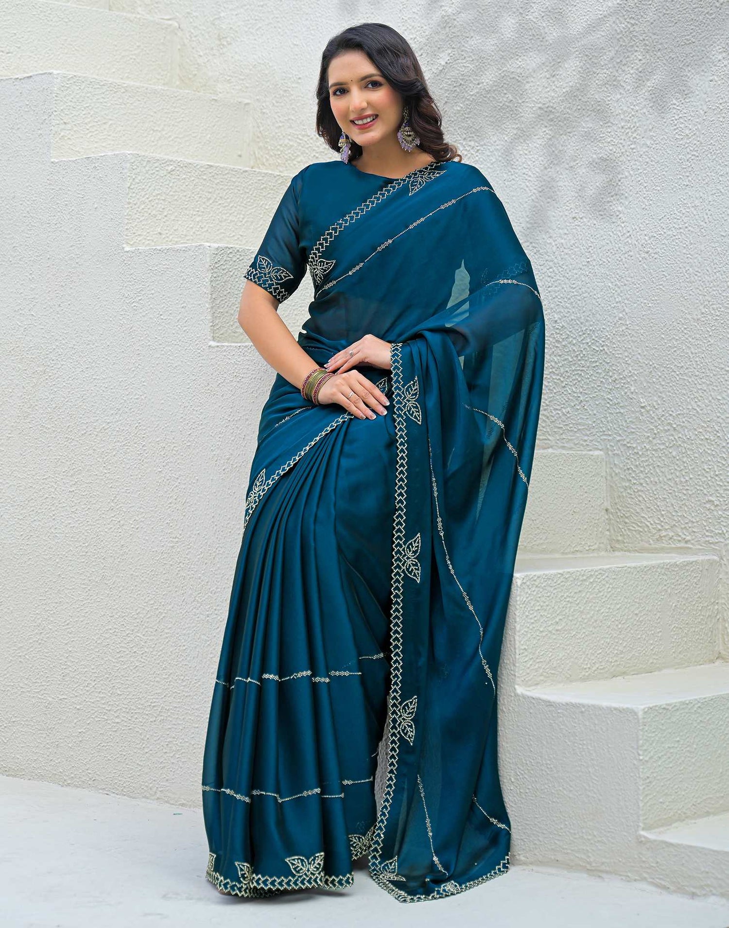 Peacock Blue Silk Stone Work Swarovski Saree