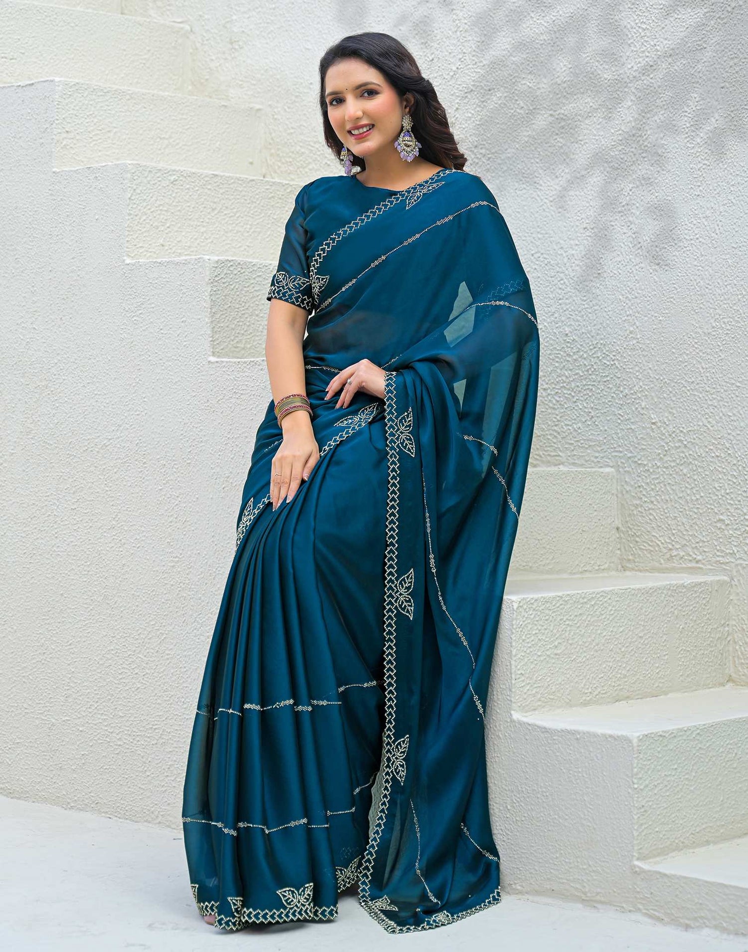 Peacock Blue Silk Stone Work Swarovski Saree