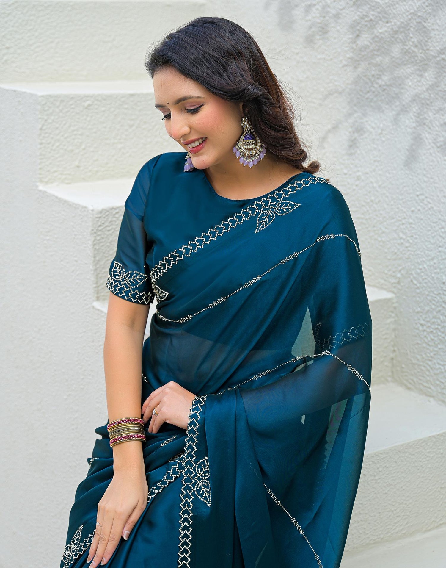 Peacock Blue Silk Stone Work Swarovski Saree