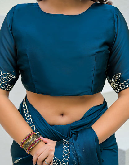 Peacock Blue Silk Stone Work Swarovski Saree
