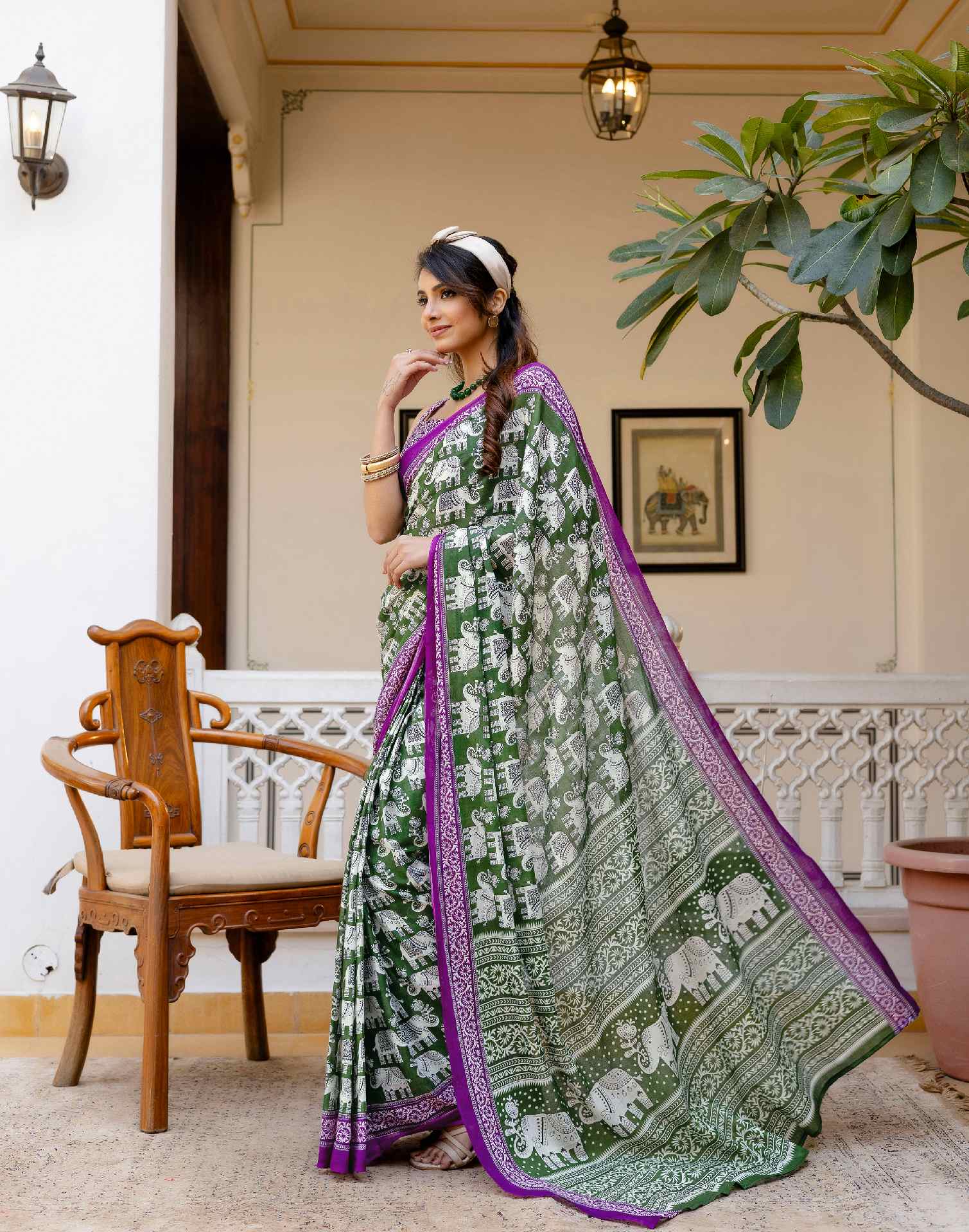 Ready To Wear Green Cotton Printed Saree