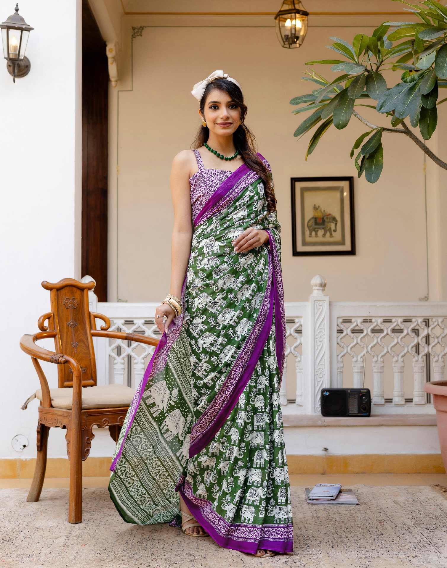 Ready To Wear Green Cotton Printed Saree