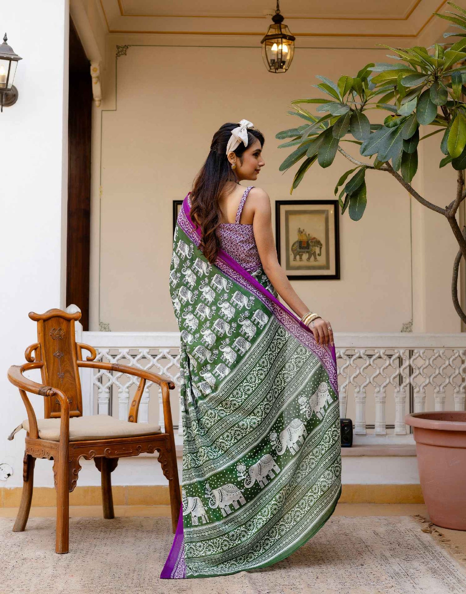 Ready To Wear Green Cotton Printed Saree