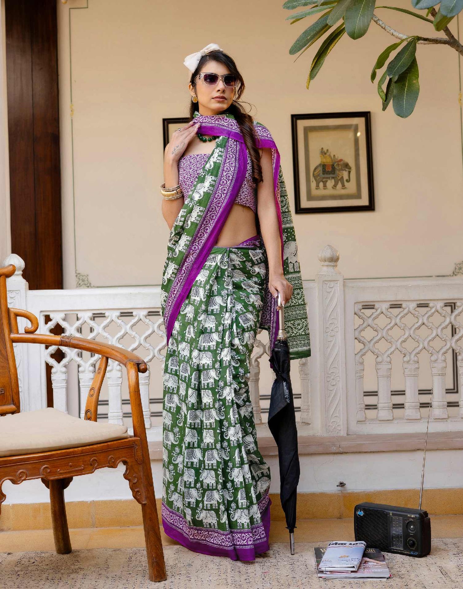 Ready To Wear Green Cotton Printed Saree