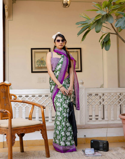 Ready To Wear Green Cotton Printed Saree