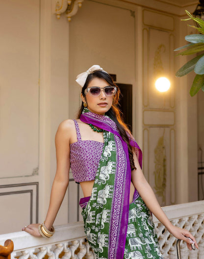 Ready To Wear Green Cotton Printed Saree