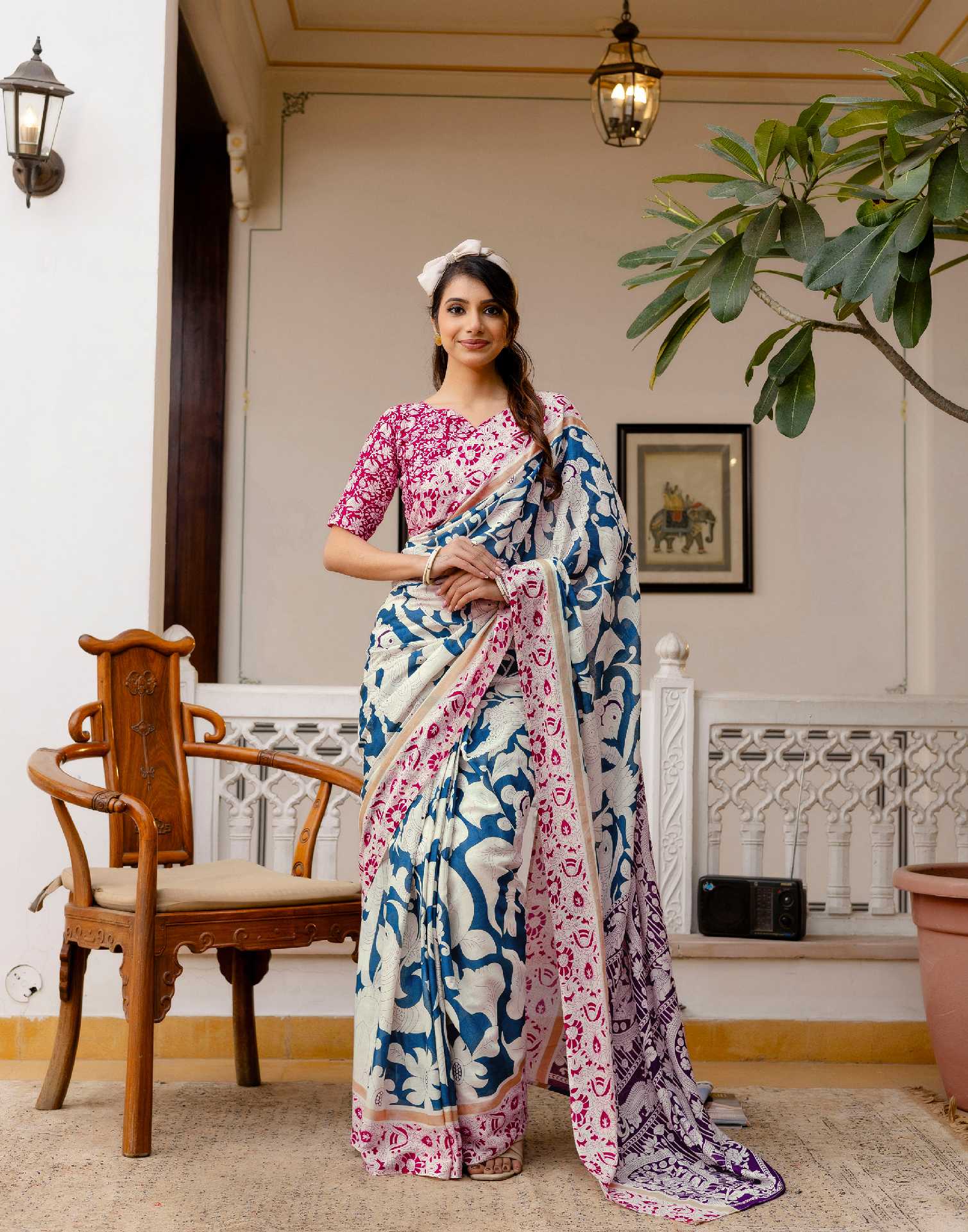Ready To Wear Blue Cotton Printed Saree