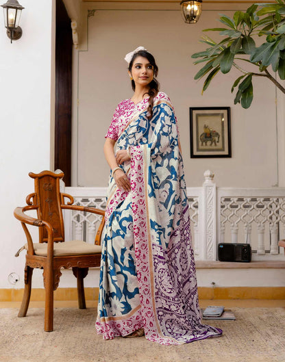 Ready To Wear Blue Cotton Printed Saree