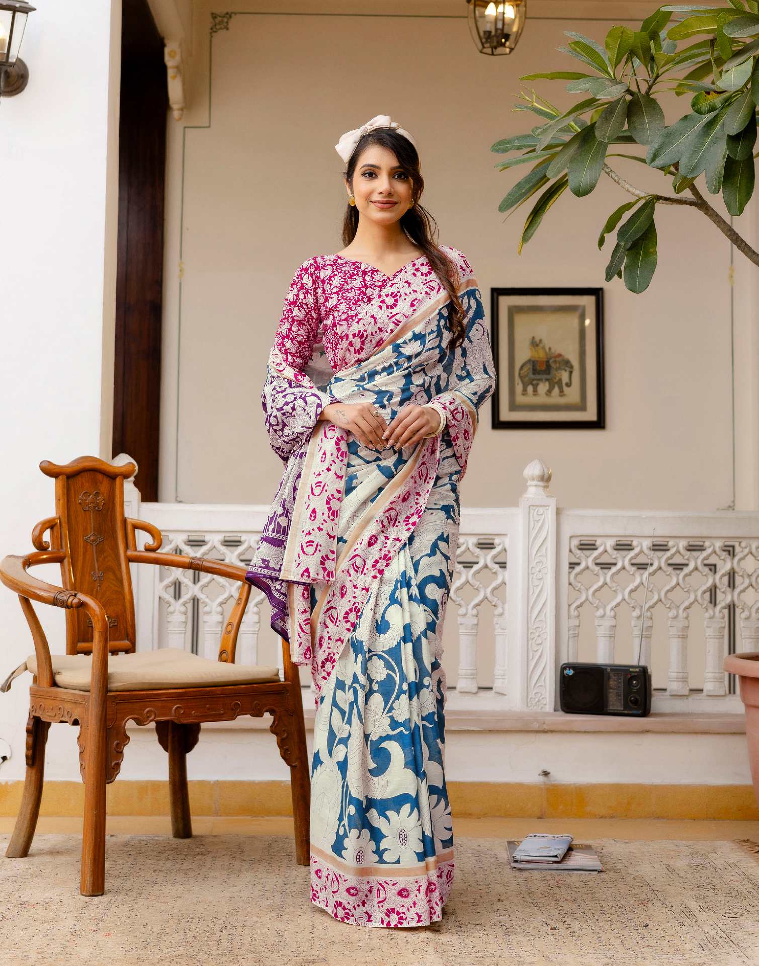 Ready To Wear Blue Cotton Printed Saree
