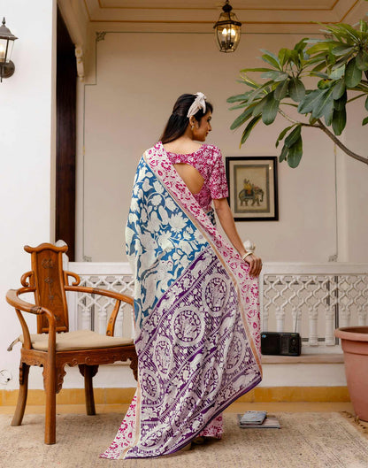 Ready To Wear Blue Cotton Printed Saree
