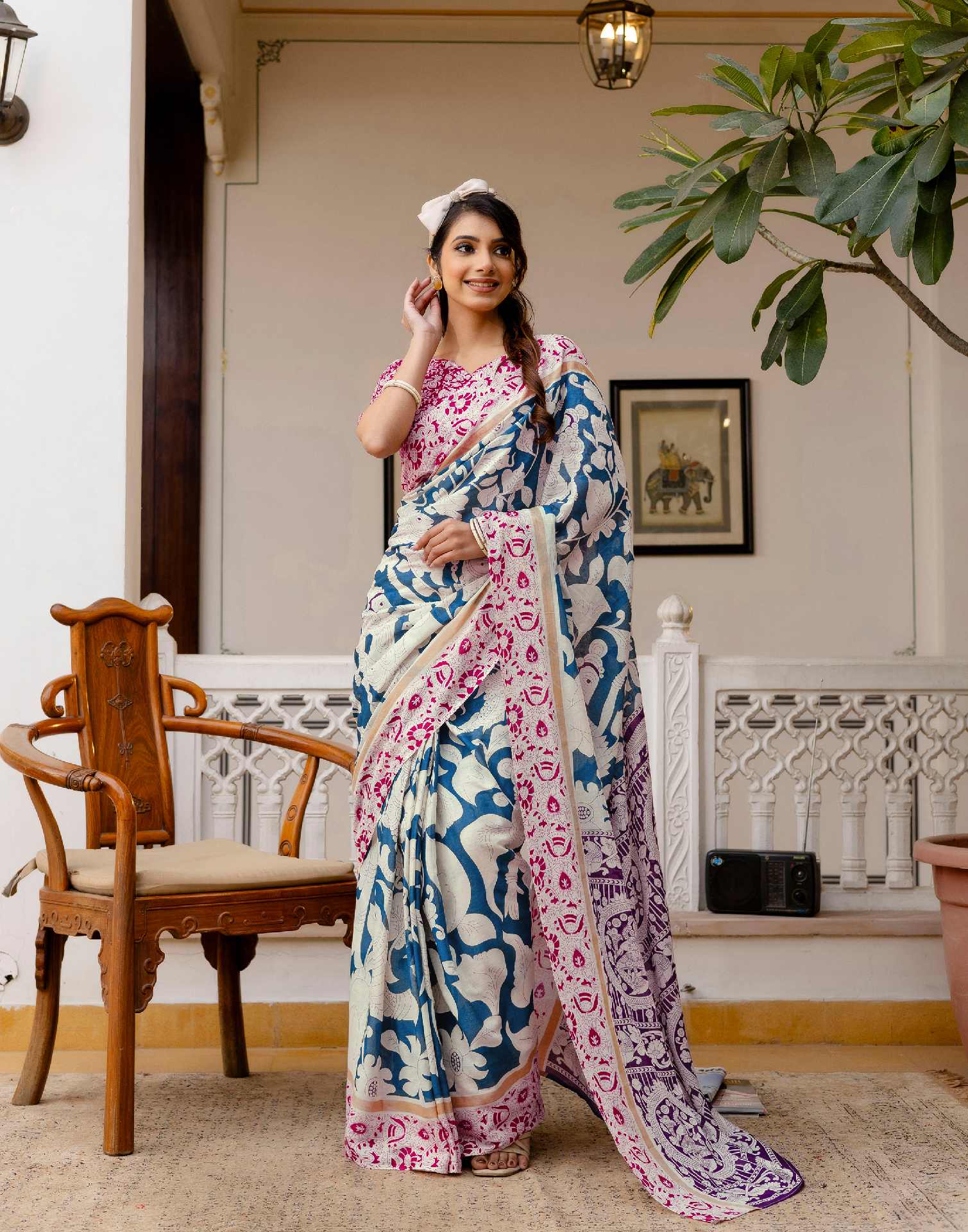 Ready To Wear Blue Cotton Printed Saree