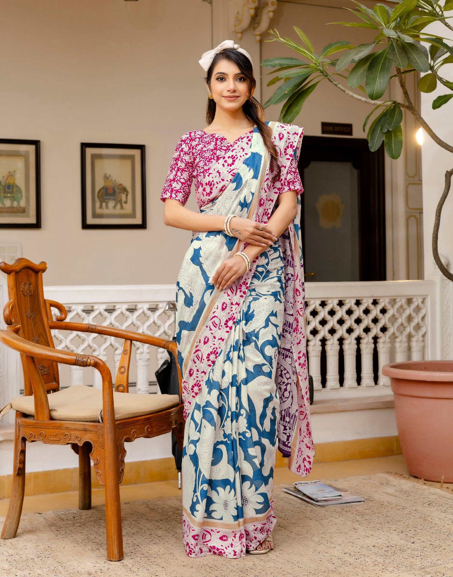 Ready To Wear Blue Cotton Printed Saree