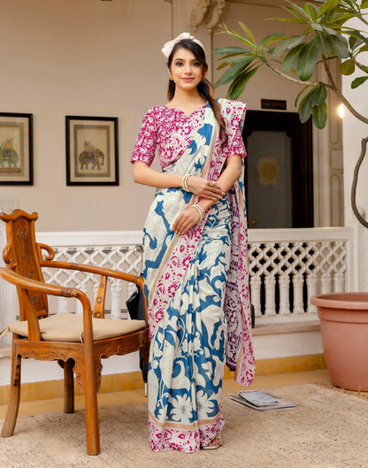 Ready To Wear Blue Cotton Printed Saree