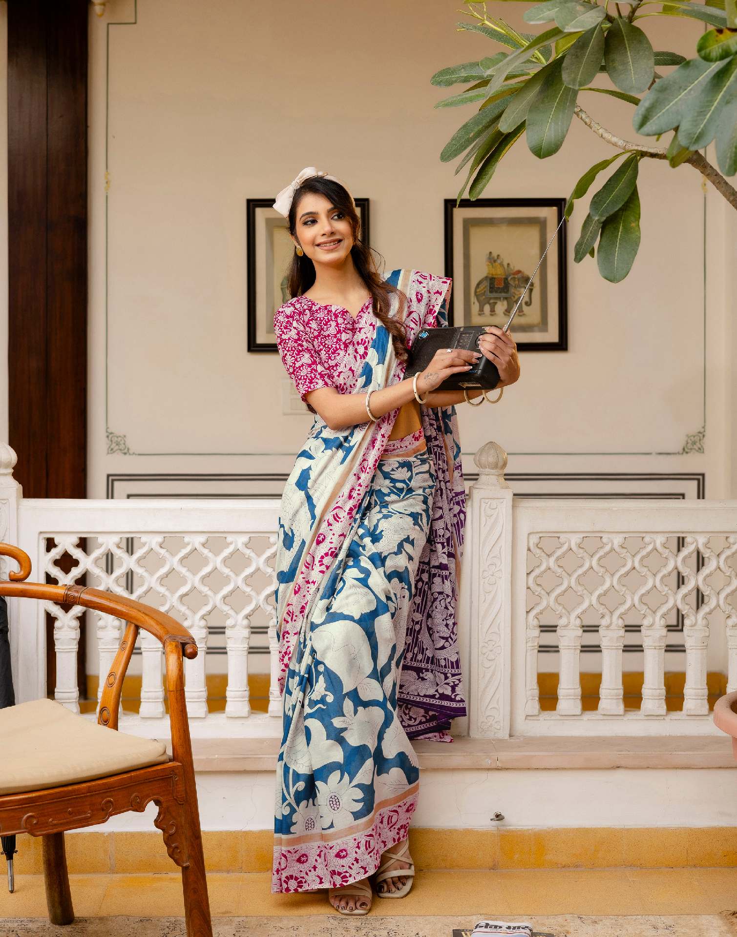 Ready To Wear Blue Cotton Printed Saree