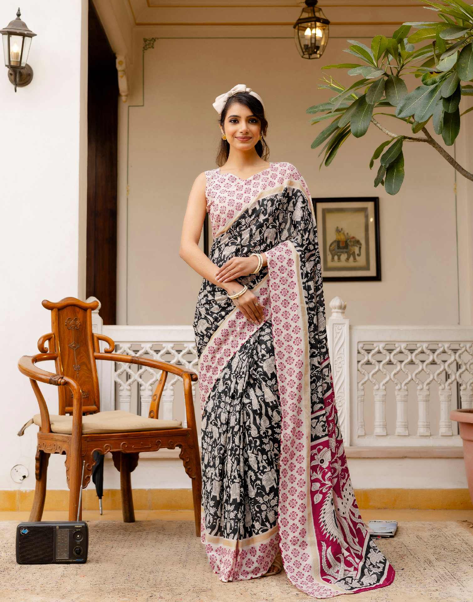Ready To Wear Black Cotton Printed Saree