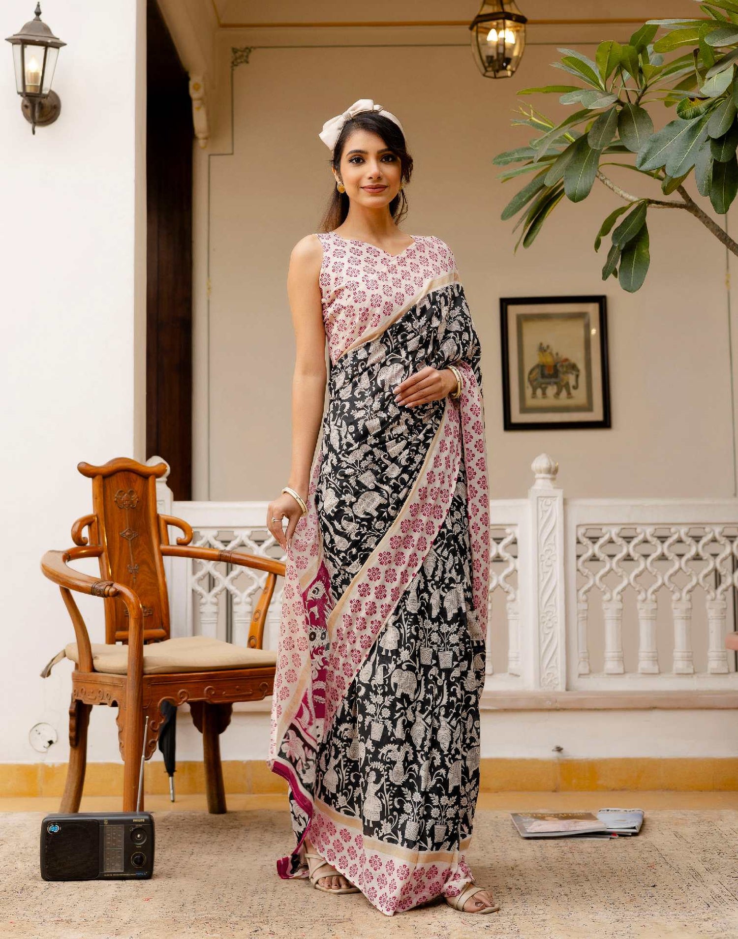 Ready To Wear Black Cotton Printed Saree