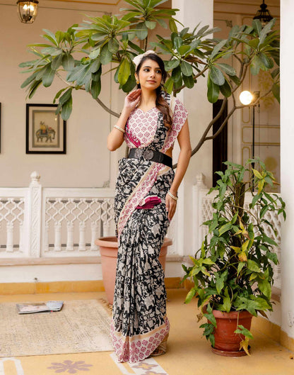 Ready To Wear Black Cotton Printed Saree