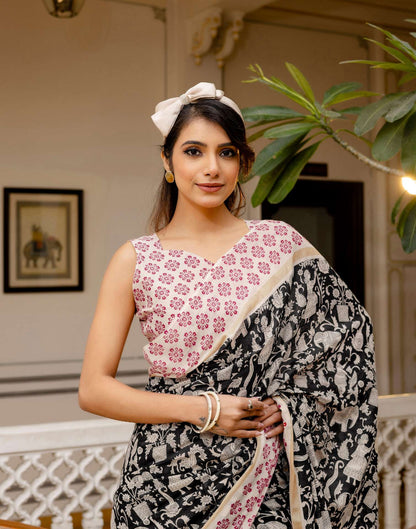 Ready To Wear Black Cotton Printed Saree