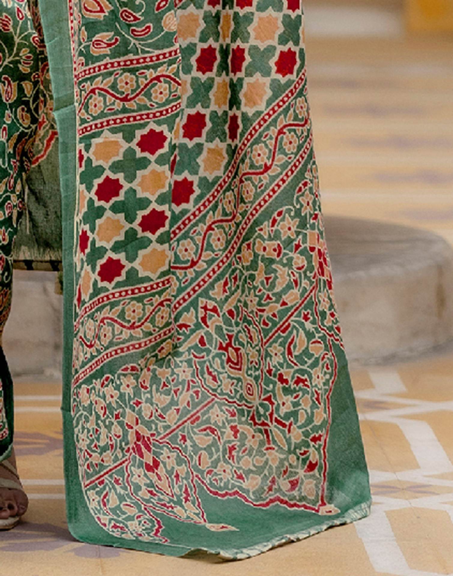 Ready To Wear Green Cotton Printed Saree