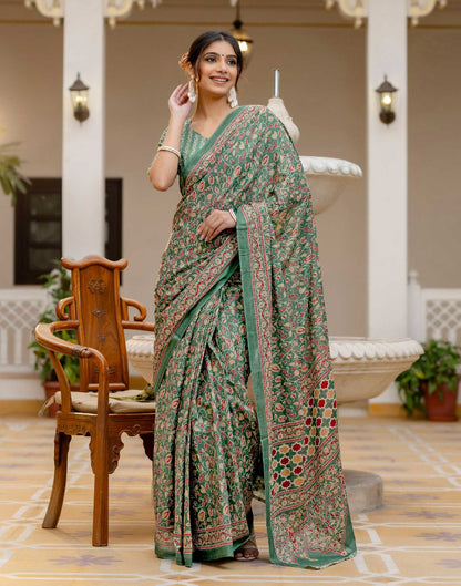 Ready To Wear Green Cotton Printed Saree