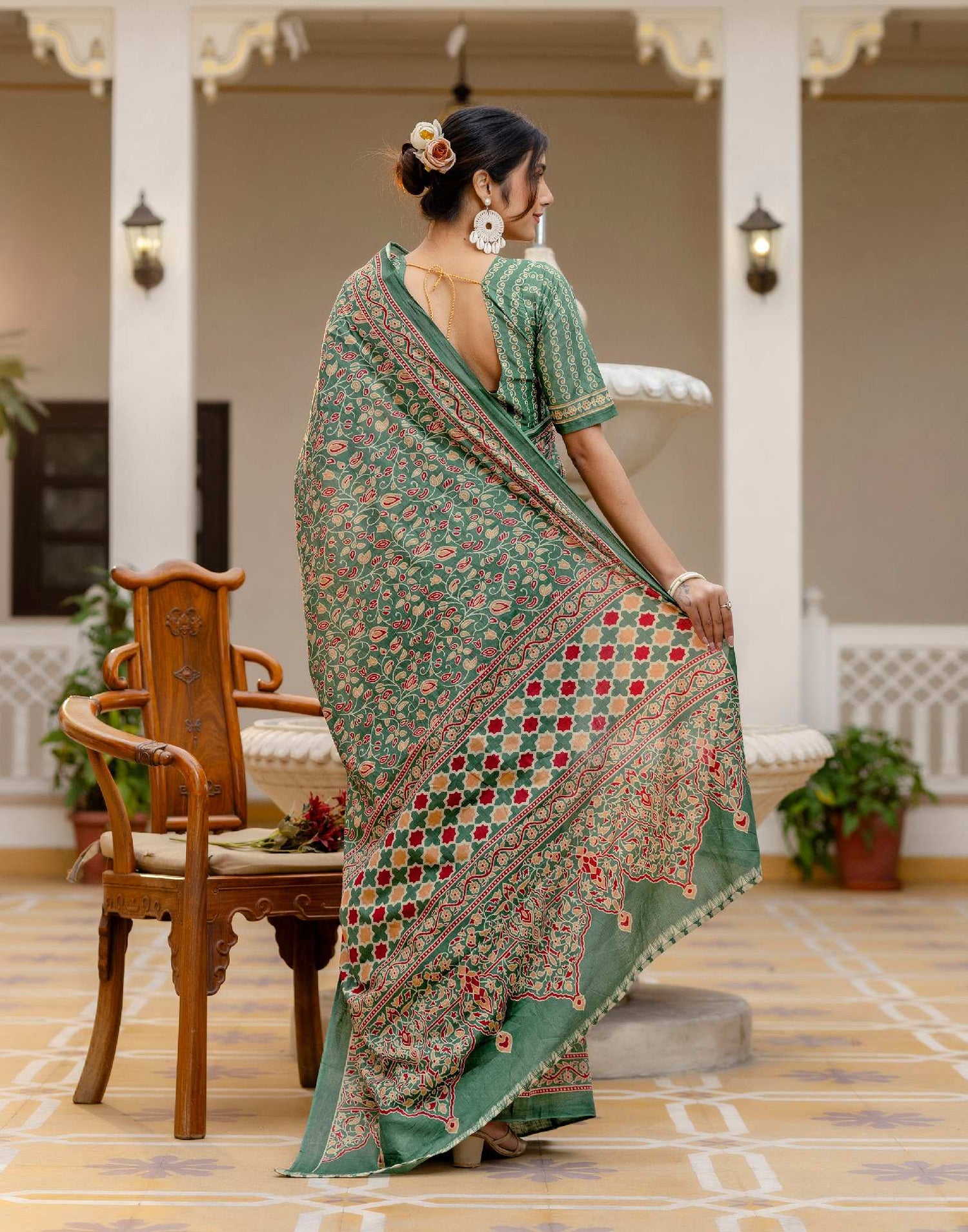 Ready To Wear Green Cotton Printed Saree