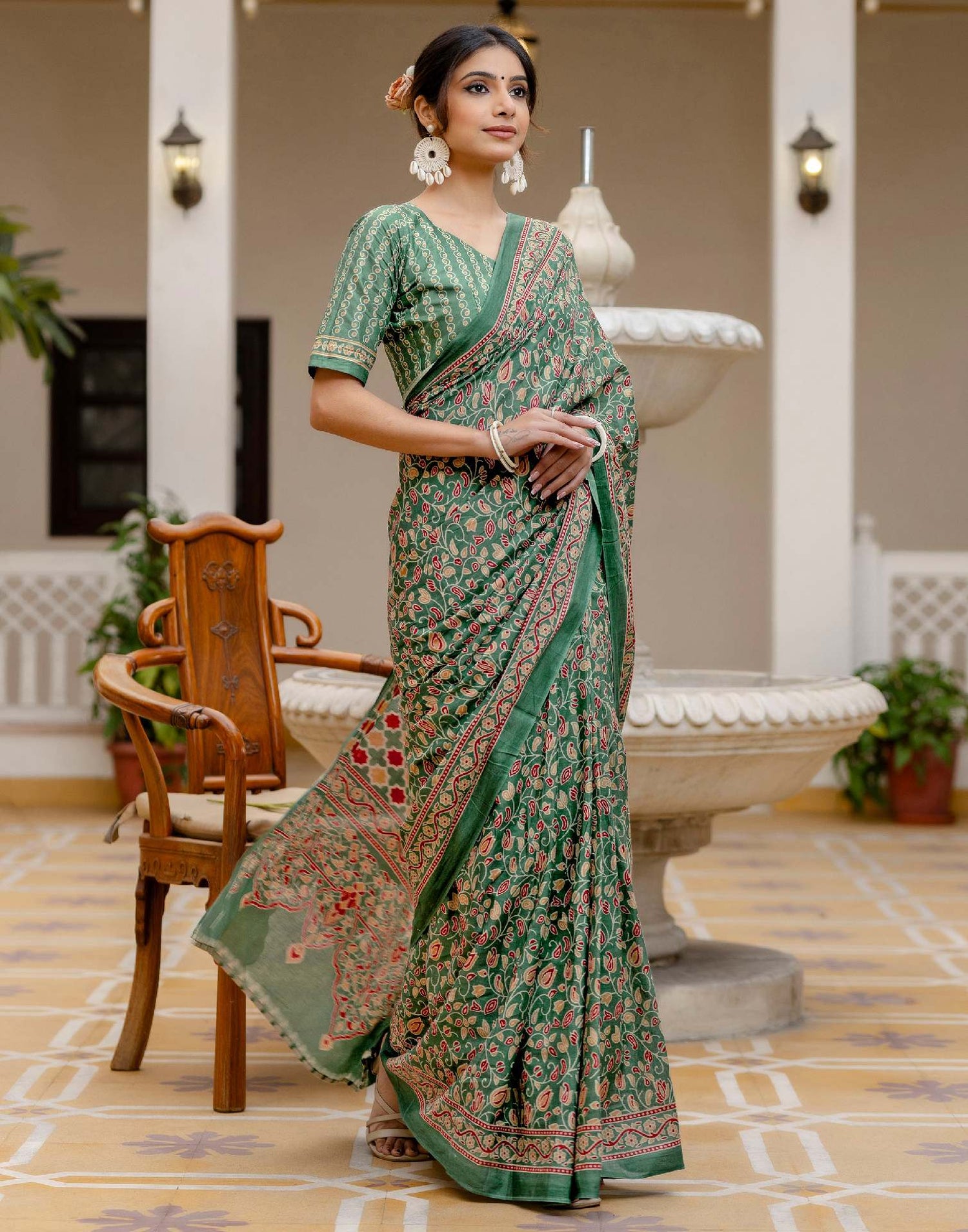 Ready To Wear Green Cotton Printed Saree