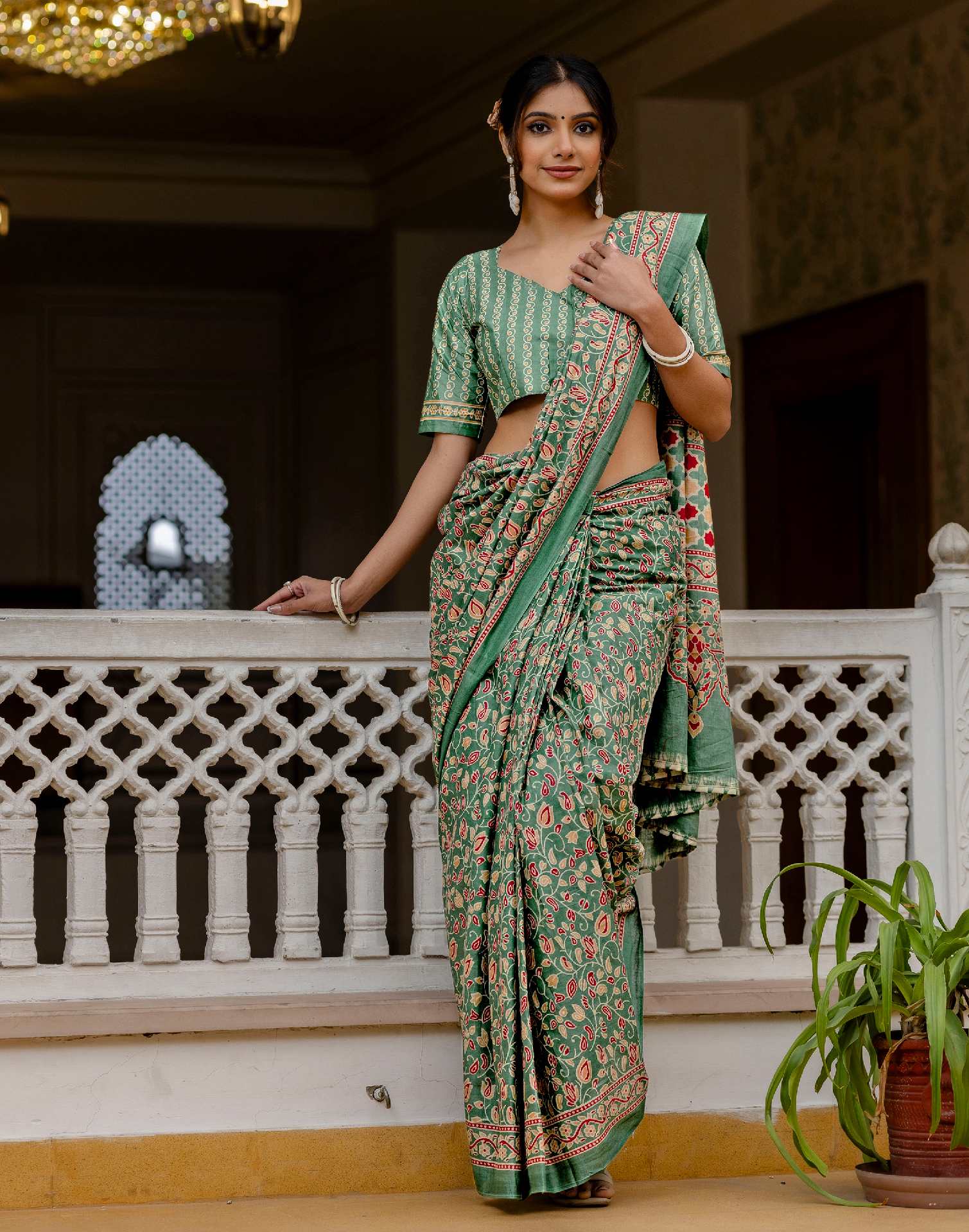 Ready To Wear Green Cotton Printed Saree