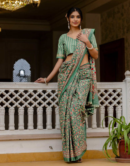 Ready To Wear Green Cotton Printed Saree