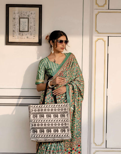 Ready To Wear Green Cotton Printed Saree