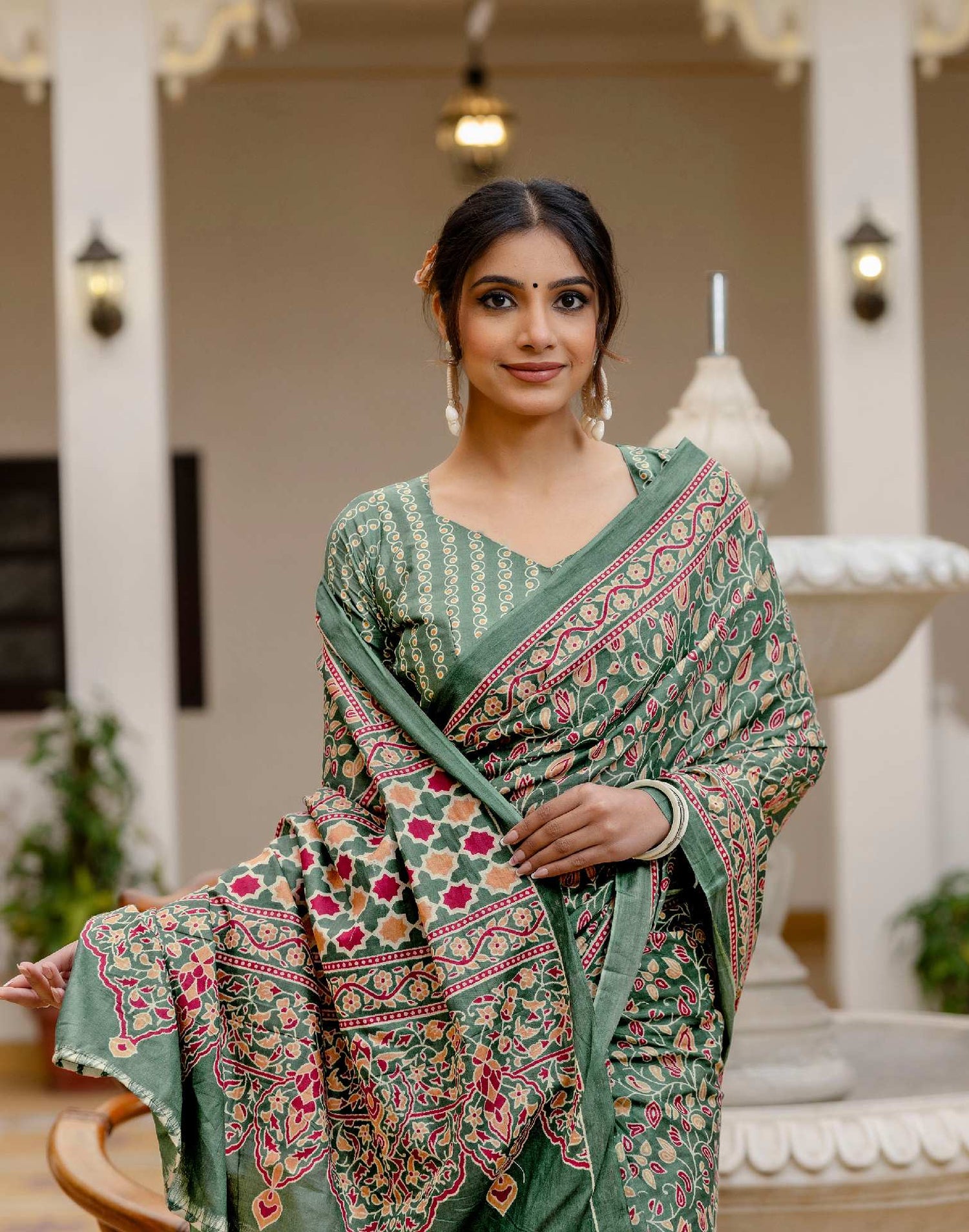 Ready To Wear Green Cotton Printed Saree