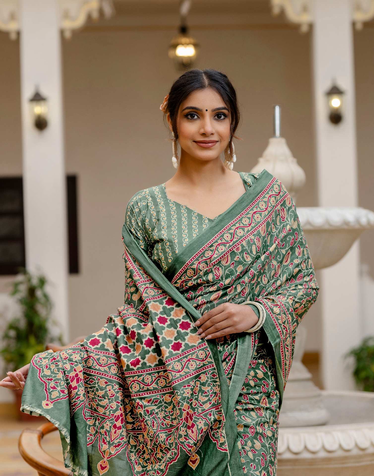 Ready To Wear Green Cotton Printed Saree