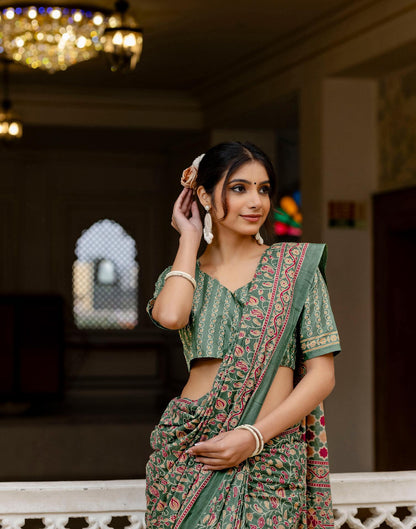 Ready To Wear Green Cotton Printed Saree