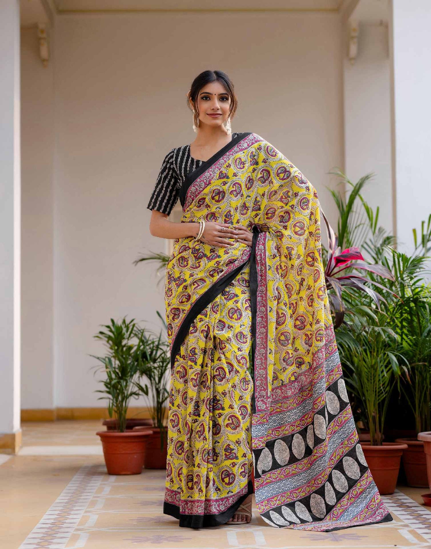 Ready To Wear Yellow Cotton Printed Saree