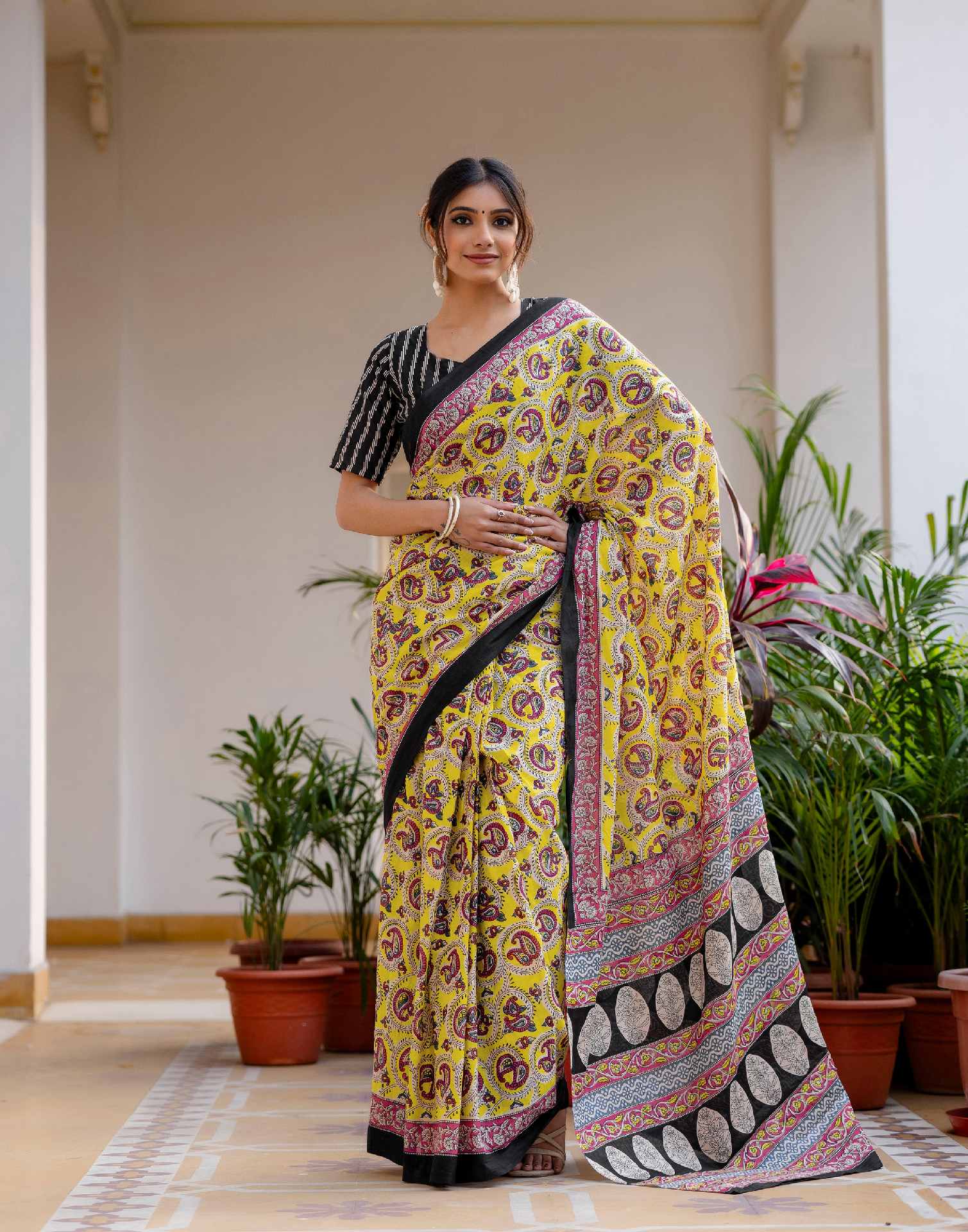 Ready To Wear Yellow Cotton Printed Saree