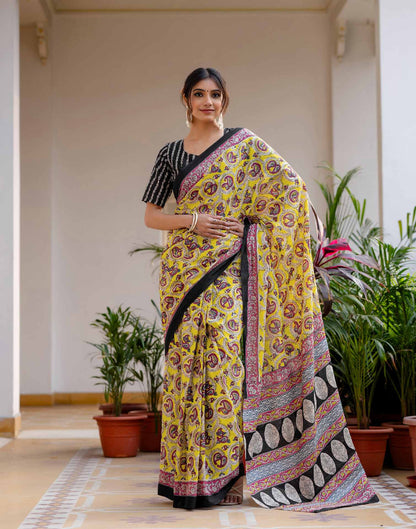 Ready To Wear Yellow Cotton Printed Saree