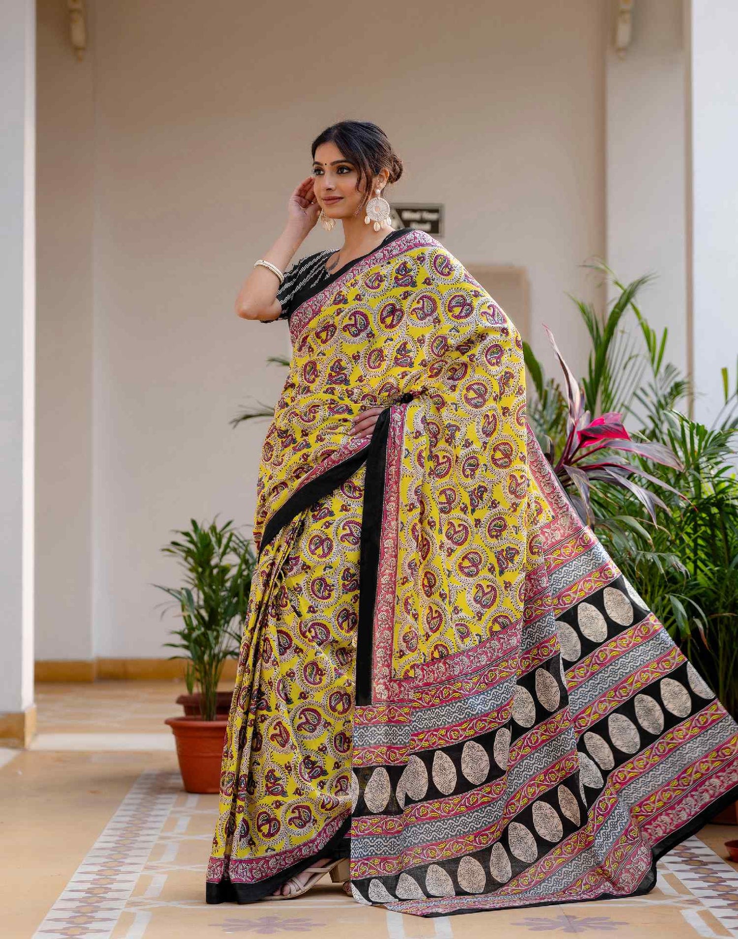 Ready To Wear Yellow Cotton Printed Saree