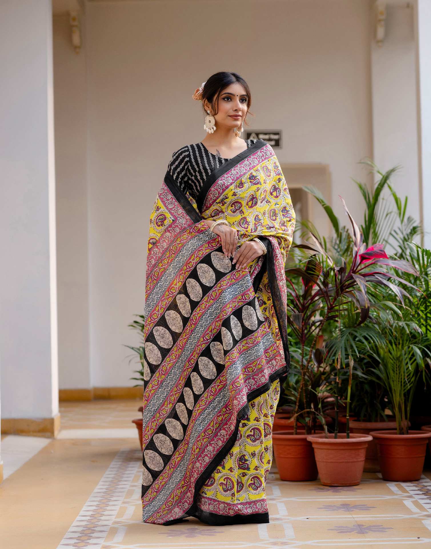 Ready To Wear Yellow Cotton Printed Saree
