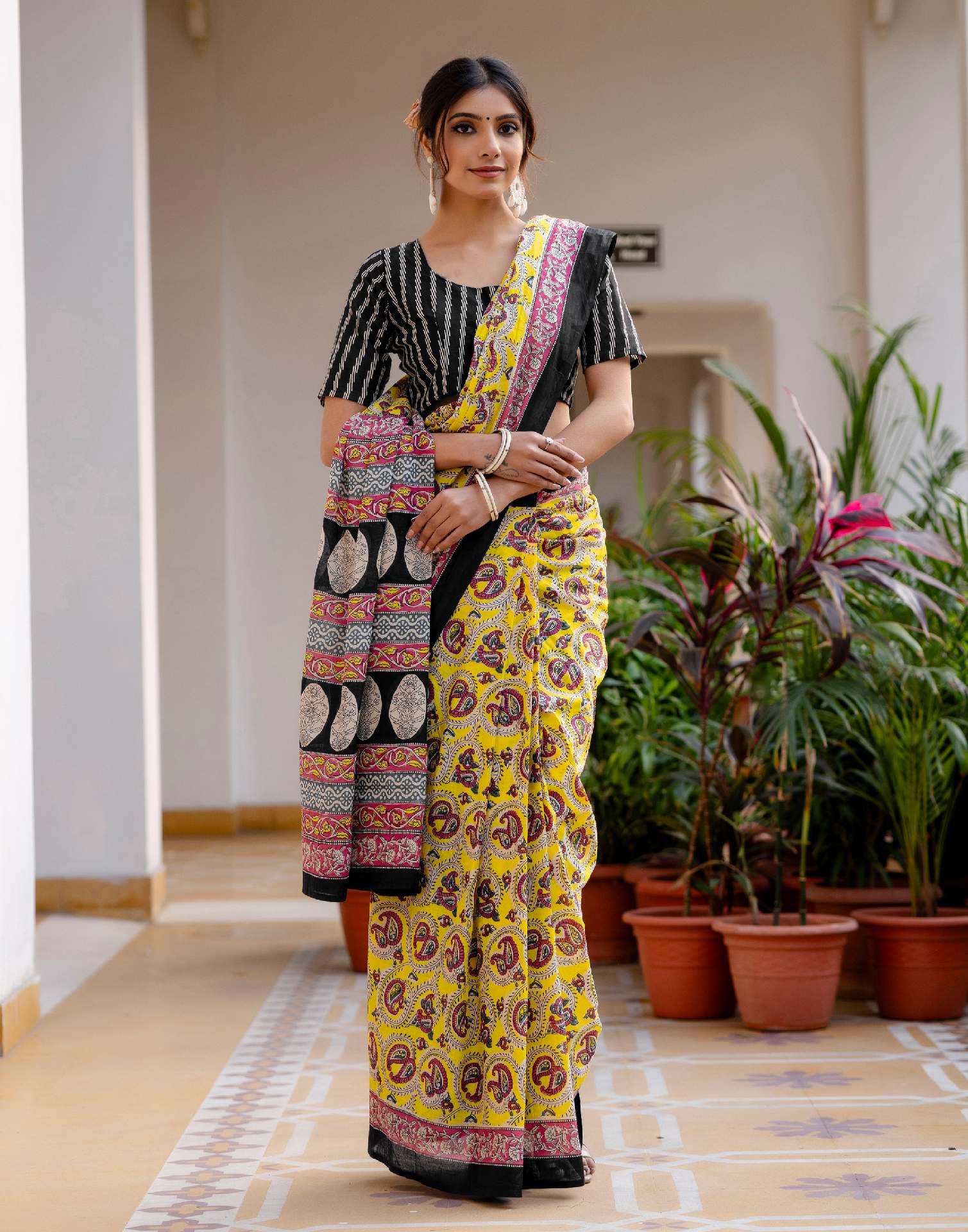 Ready To Wear Yellow Cotton Printed Saree