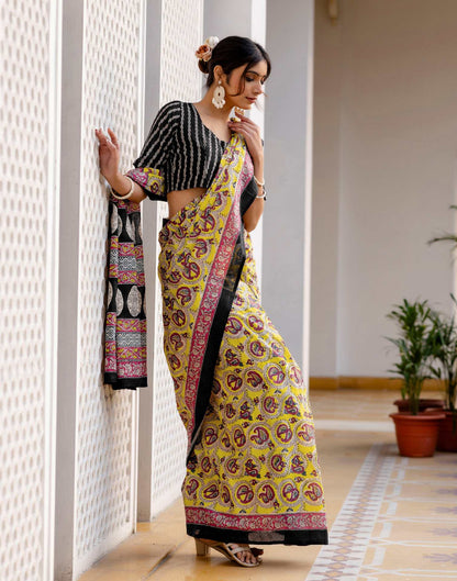 Ready To Wear Yellow Cotton Printed Saree